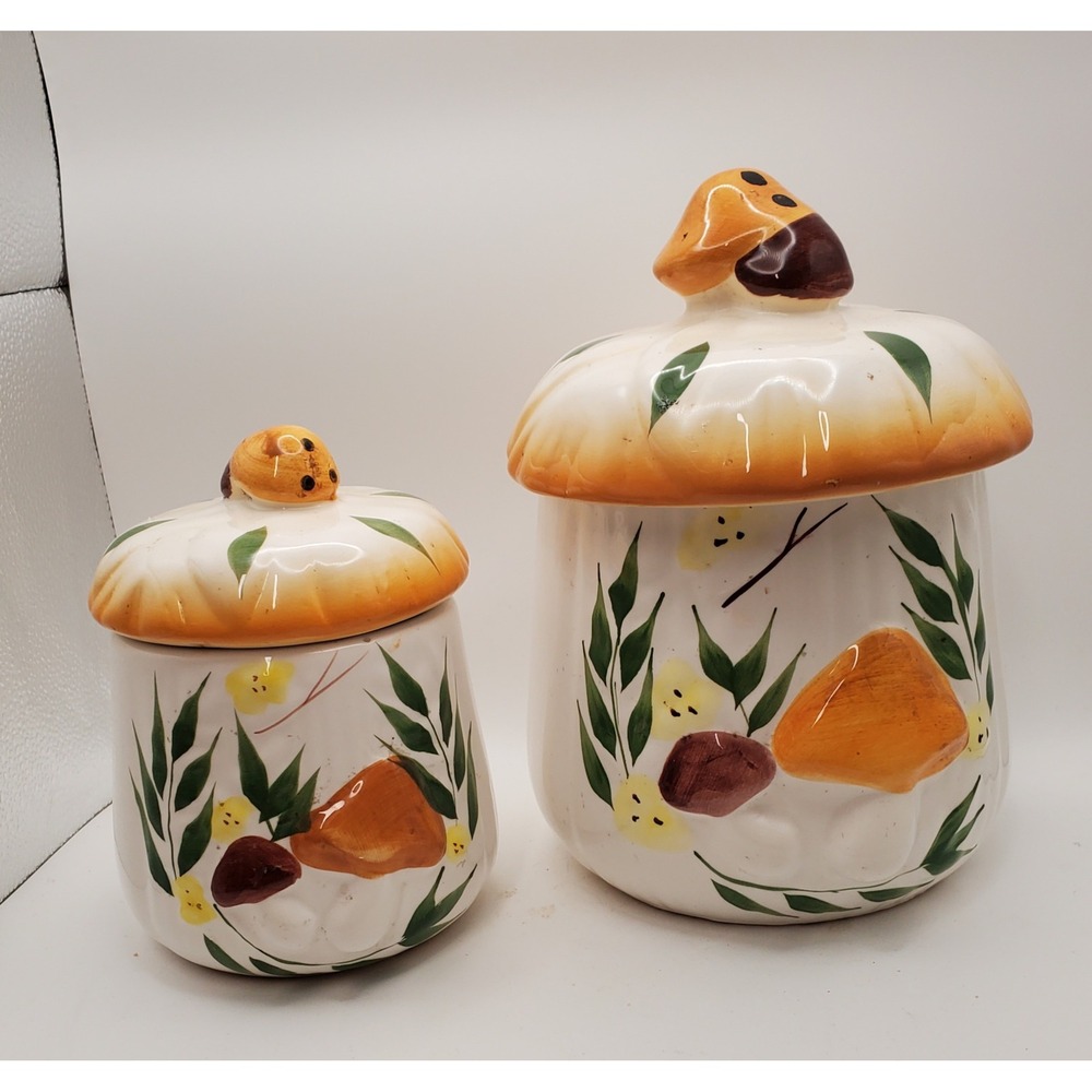 Vintage 1970s Mushroom Ceramic Canister Set 2 Piece Hand Painted Retro Kitchen